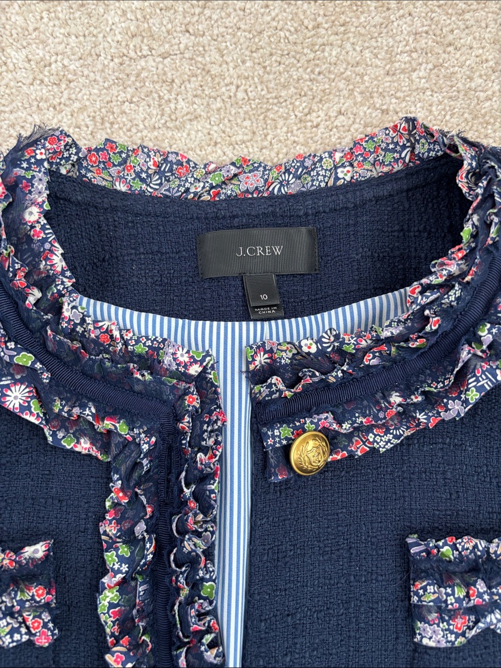 Navy tweed J. Crew Lady Jacket with Liberty floral trim & ruffled edges, size 10 - Picture 3 of 9
